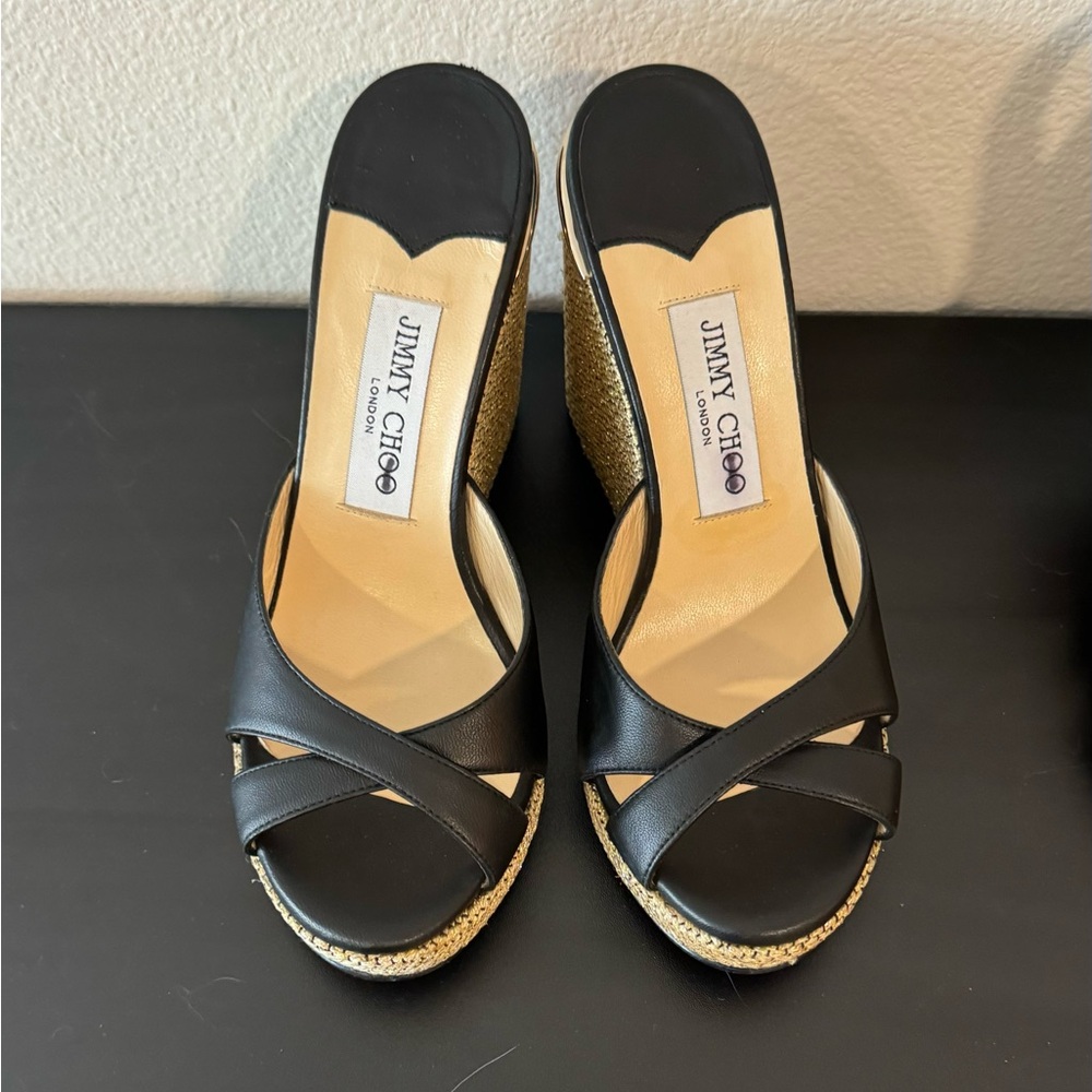 Jimmy Choo Black and Gold Wedge Sandals